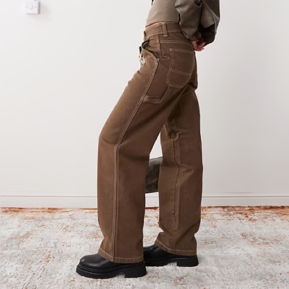 Dickies Pants - Dickies Brown Loose Straight Contrast Stitch Cotton Twill Carpenter Pants
